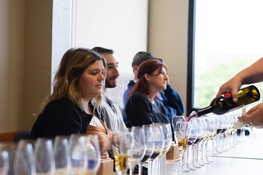 students sitting in front of a selection of wines in different shaped glasses.