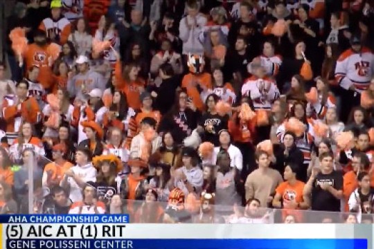 fans are shown cheering in the stands at an RIT mens hockey team game.