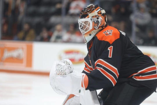 a hockey goalie guards the goal at an R I T hockey game.