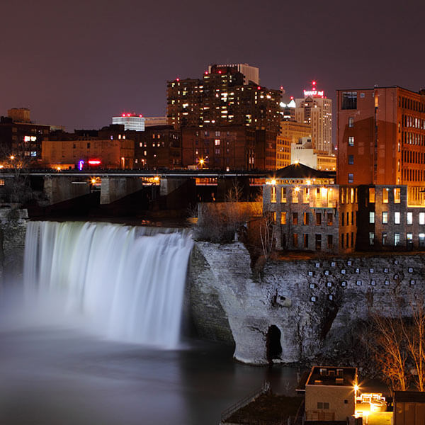 Scenic shot of the High Falls at night