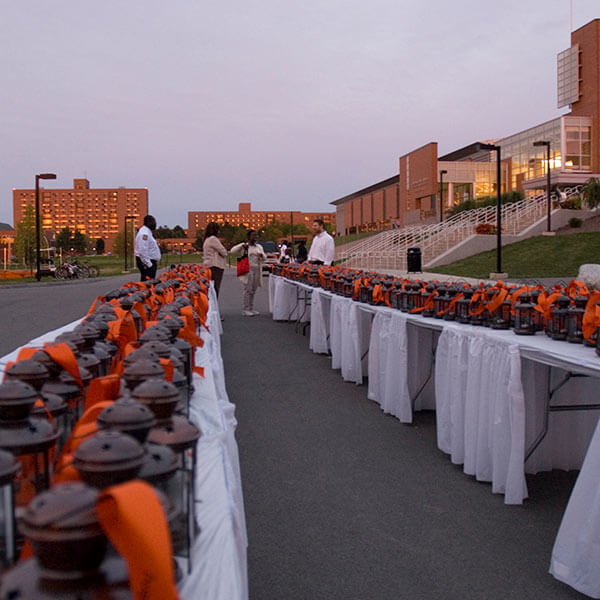Organizers lining up lanterns for the lighting the way ceremony