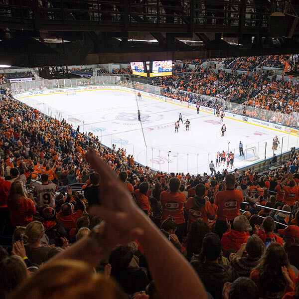 Interior view of the Blue Cross Arena with thousands of RIT fans cheering on the RIT Men's Hockey Team