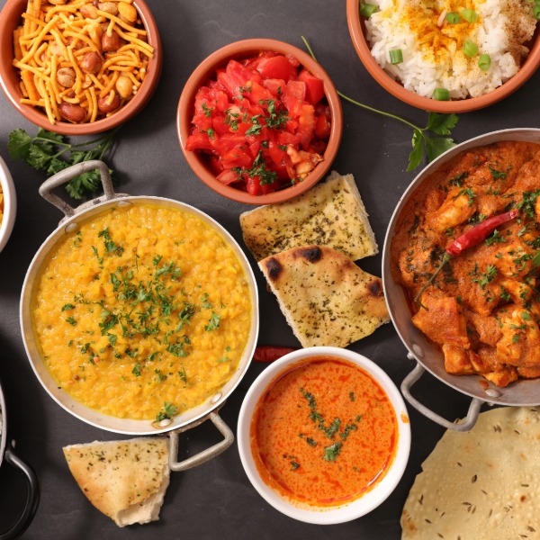 A display overhead shot of Indian food 