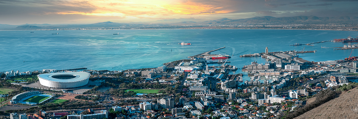 View overlooking Cape Town with water and sunset