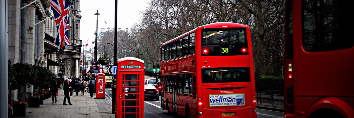London street with double decker bus, red phone booth and UK flag