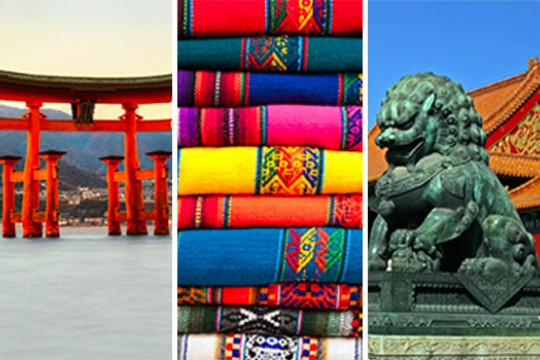The photo is split into three vertical sections. The left section features a red, Japanese Torii, the middle is a close up photo of colorful, embroidered Spanish fabric stacked on top of  each other, and the third is a photo of a Chinese guardian lion.