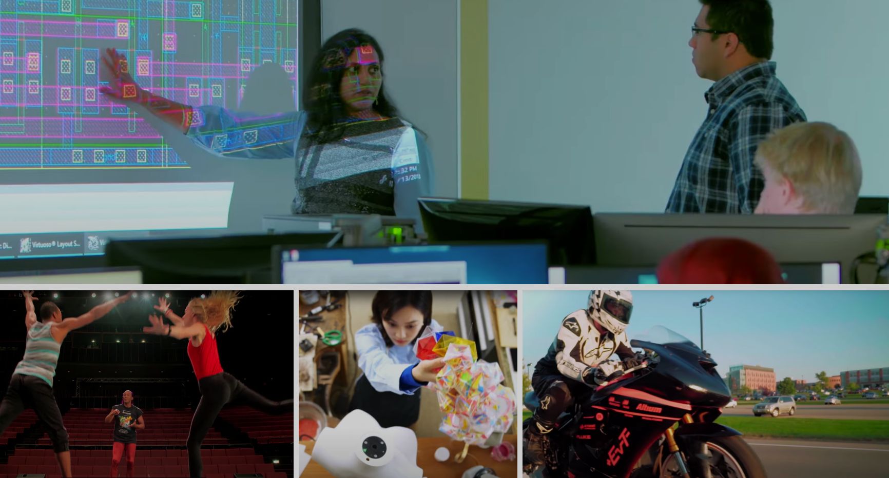 Collage of images showing people working on a drone, a person animating, a cart racer, and RIT students making an R I T logo in a baseball field.