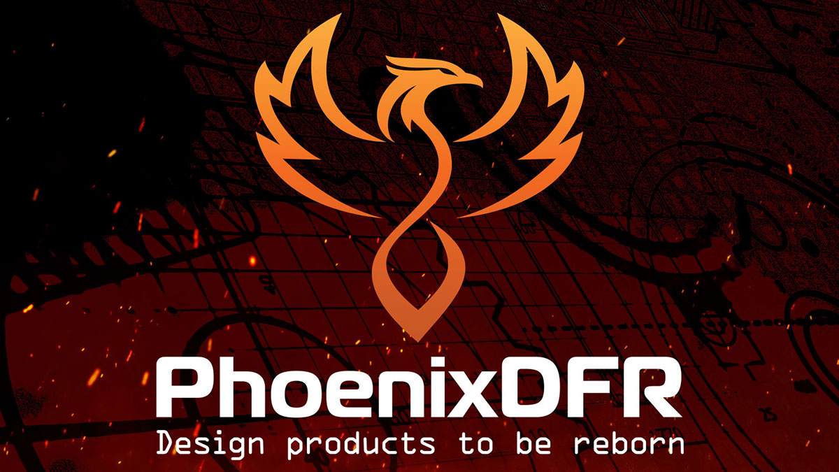 graphic with logo of a phoenix and the words, Phoenix D F R , design products to be reborn.