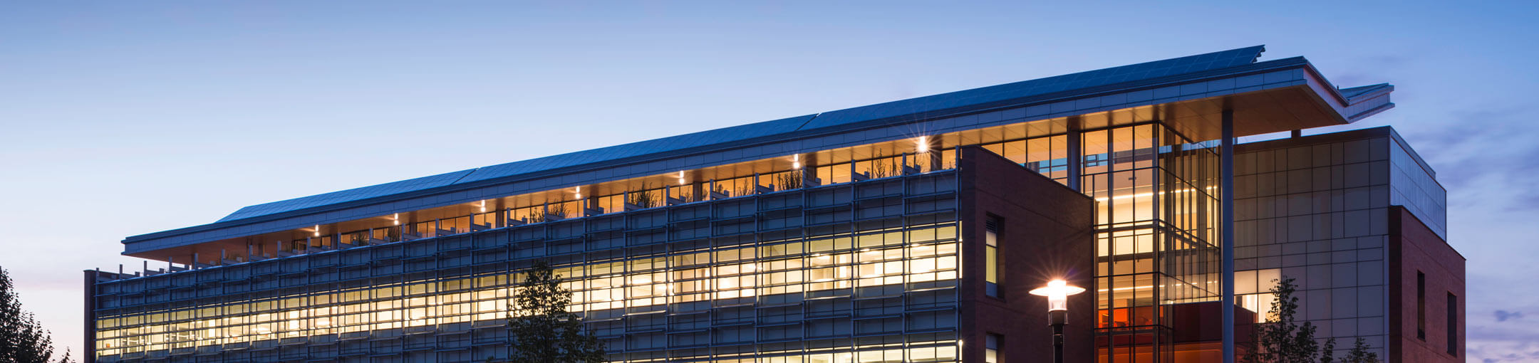 Exterior view of the Golisano Institute for Sustainability at dusk