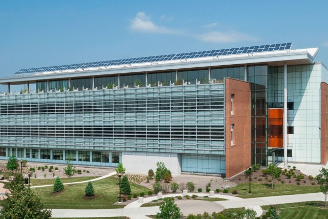 Exterior of Sustainability Hall, showing the solar panels on the roof.
