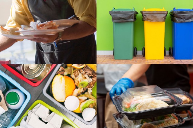A composite image with four photos (clockwise from top left): a man carrying plates of food, three waste bins viewed from the front, four recycling bins with separated types of waste, and a stack of restaurant food in plastic containers