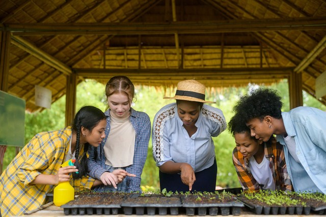 five college students looking at a tray of small plants just starting to grow.