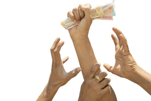 hands in the air are holding paper currency.
