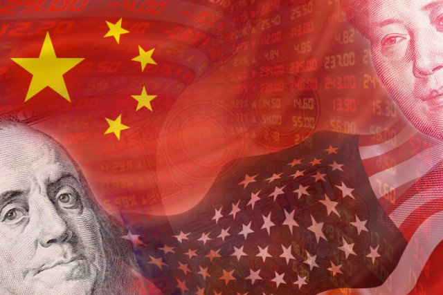 a mish mash of images including a chinese and american flag and faces of leaders in both countries.