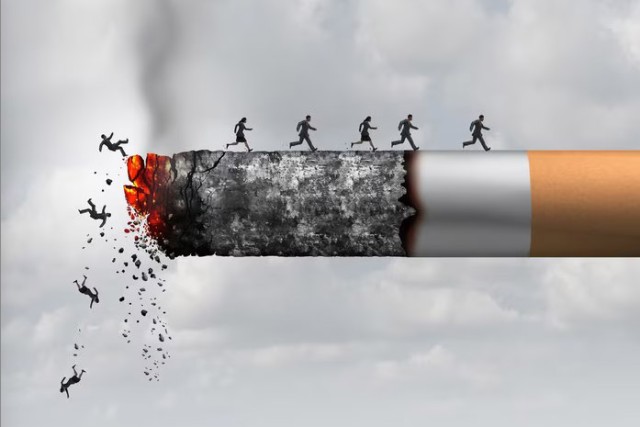 an illustration of a cigarette with people falling off the lit end