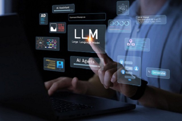 Person using a laptop interacts with a digital interface displaying LLM and other artificial intelligence icons and tools.