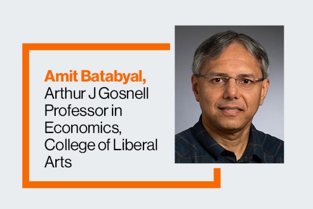 A graphic that shows a portrait of Amit Batabyal on the right, and on the left inside of an orange box text reads, Amit Batabyal, Arthur J Gosnell Professor in Economics, College of Liberal Arts.