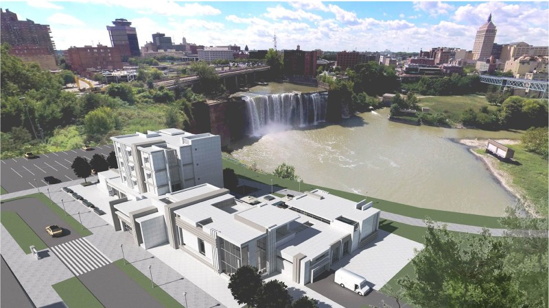 Boutique hotel design with waterfall behind it.