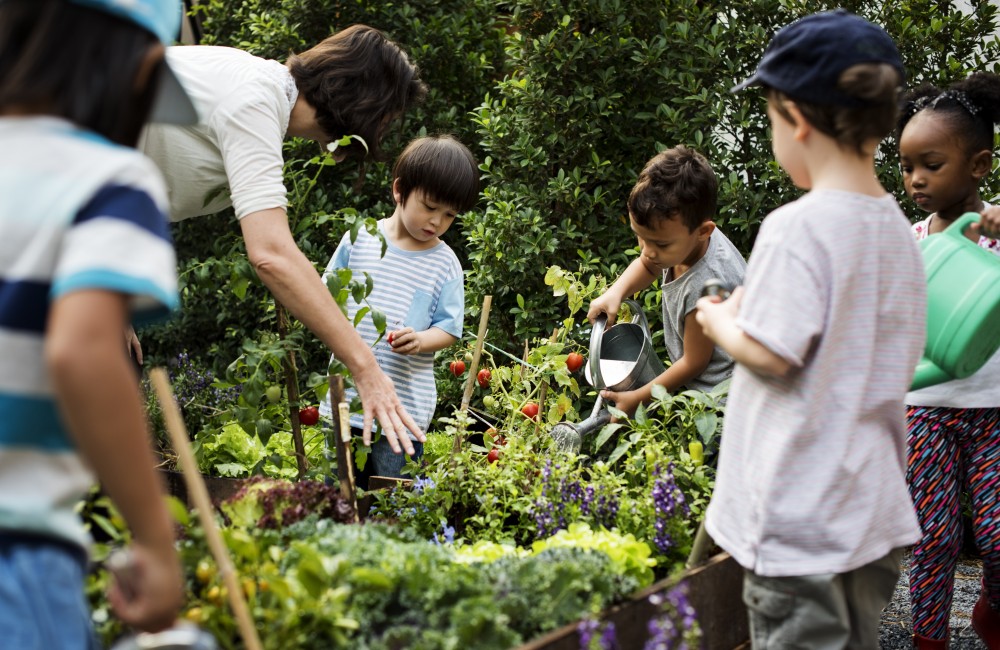 Volunteer gardening with young children