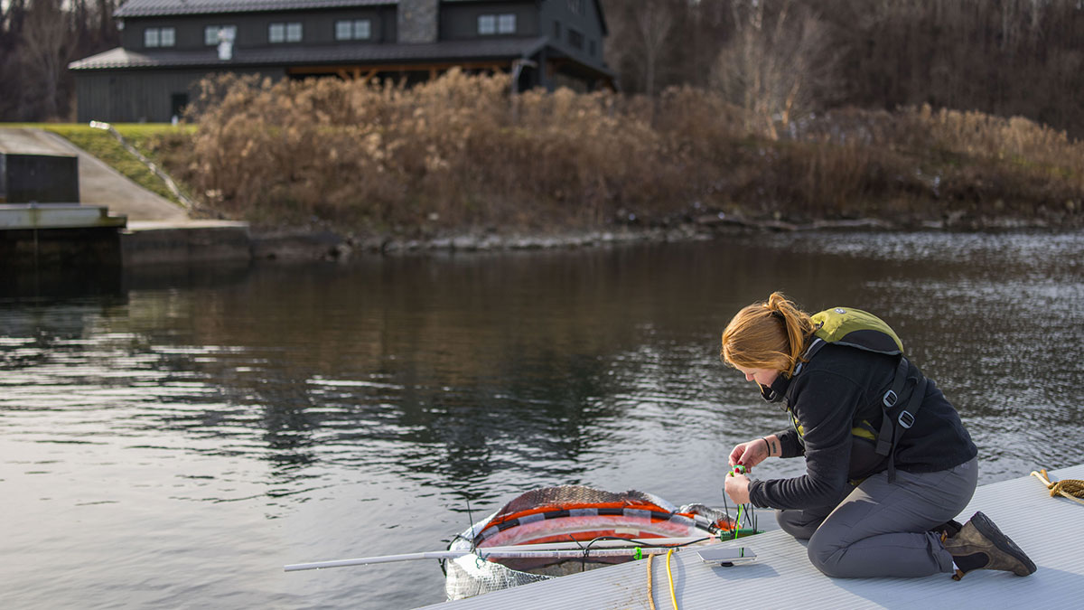 A woman kneels on a dock by the water while working with scientific equipment near a shoreline building.