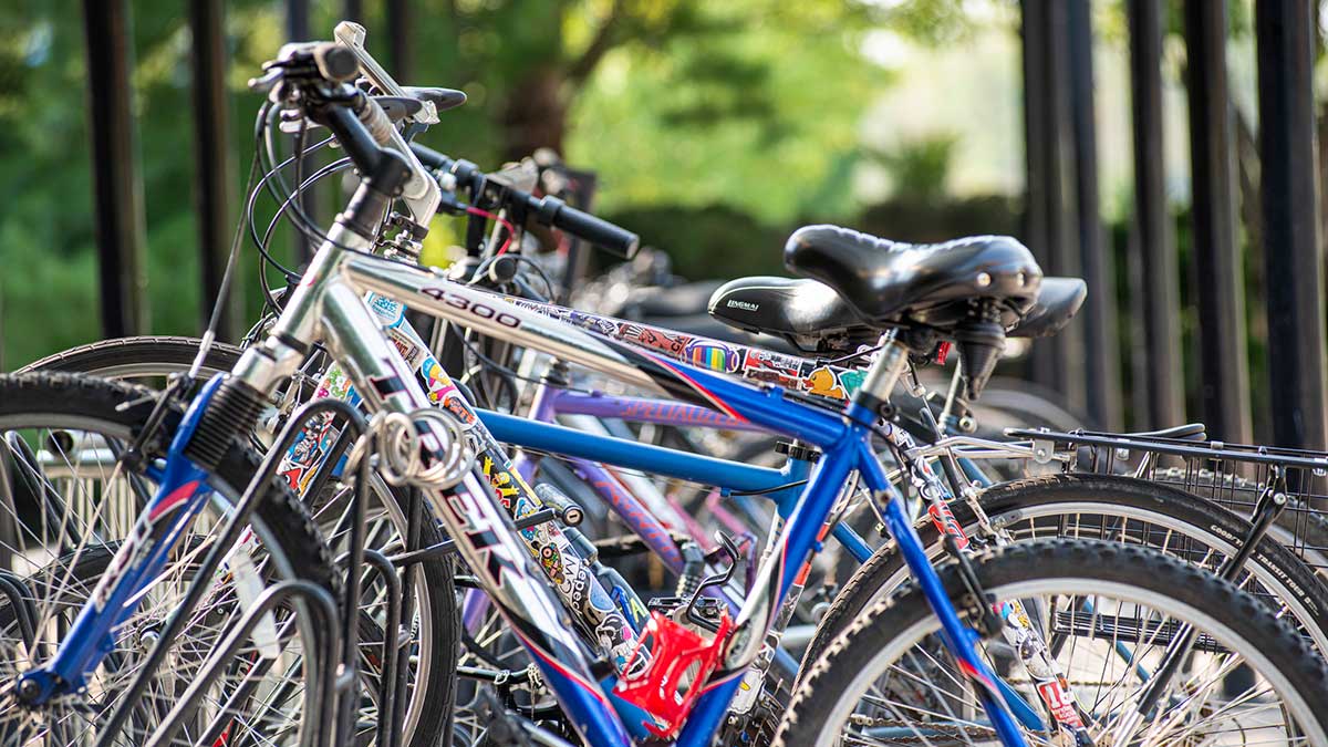 A close-up view of brightly colored bicycles lined up in a bike rack on a sunny day.