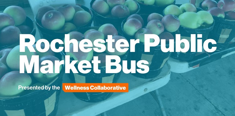 text: Rochester Public Market, Visuals: buckets of apples with a light blue overlay