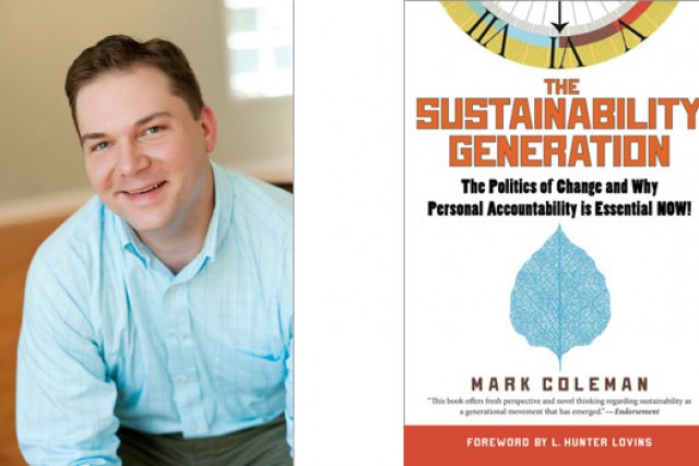 Picture of author next to book cover