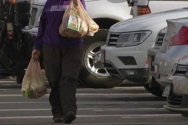 Person walks through parking lot holding plastic bags.