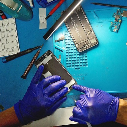 person wearing rubber gloves taking apart an iPhone.