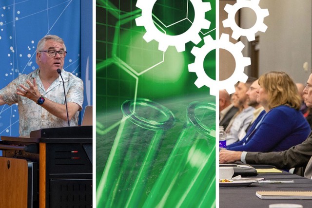 Three-panel banner for green chemistry training: a speaker gestures while presenting at a podium in front of a blue starburst-patterned backdrop; a green-tinted graphic of chemistry glassware and a molecular structure overlaid with white gear icons; and attendees seated at a conference table taking notes during the session.