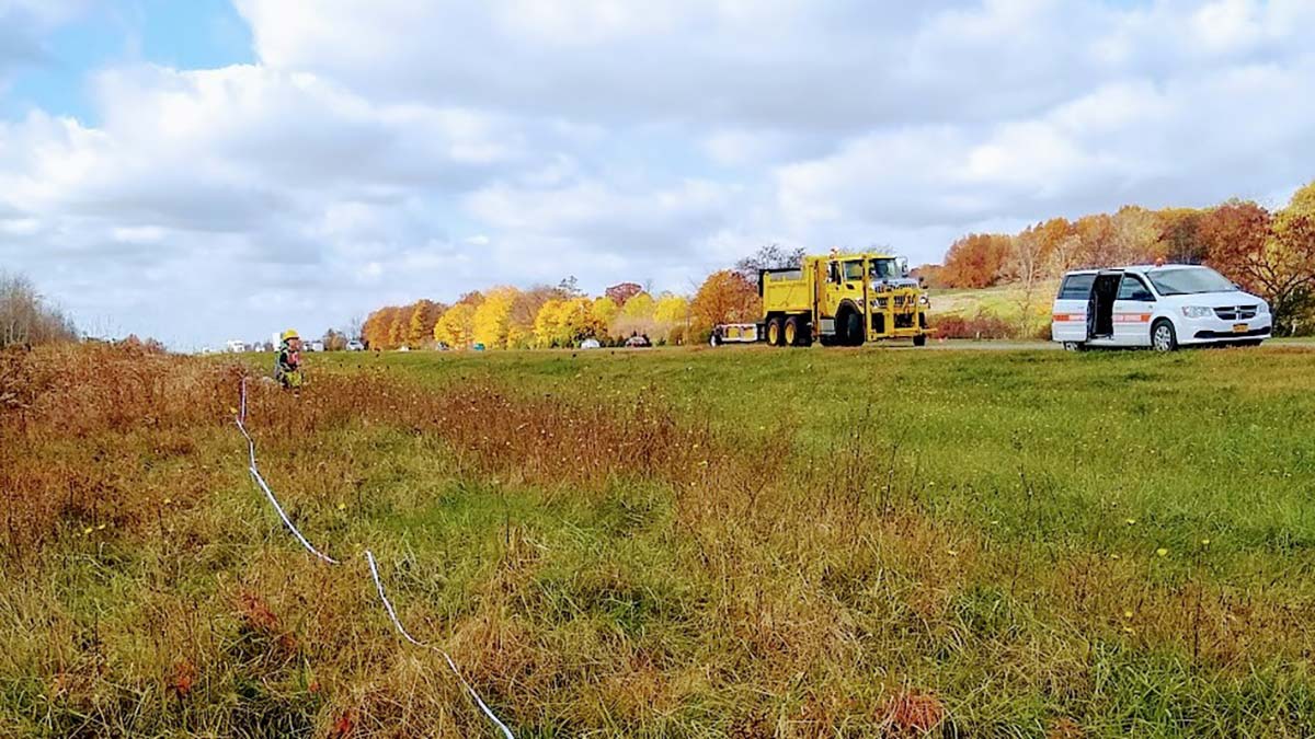 people working in a grassy area along the Thruway.