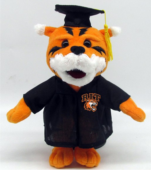 decorative image of stuffed RIT tiger mascot Ritchie in a graduation cap and grown