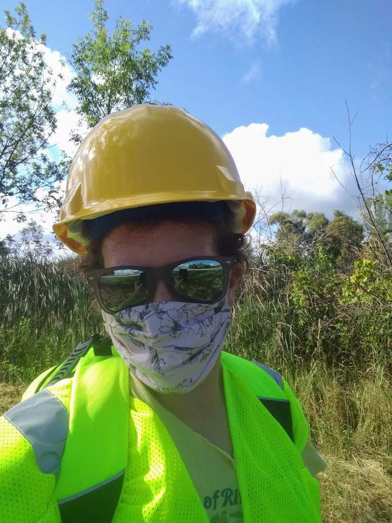 decorative image of Dr Stack Whitney in a handmade mask during 2020 pandemic fieldwork