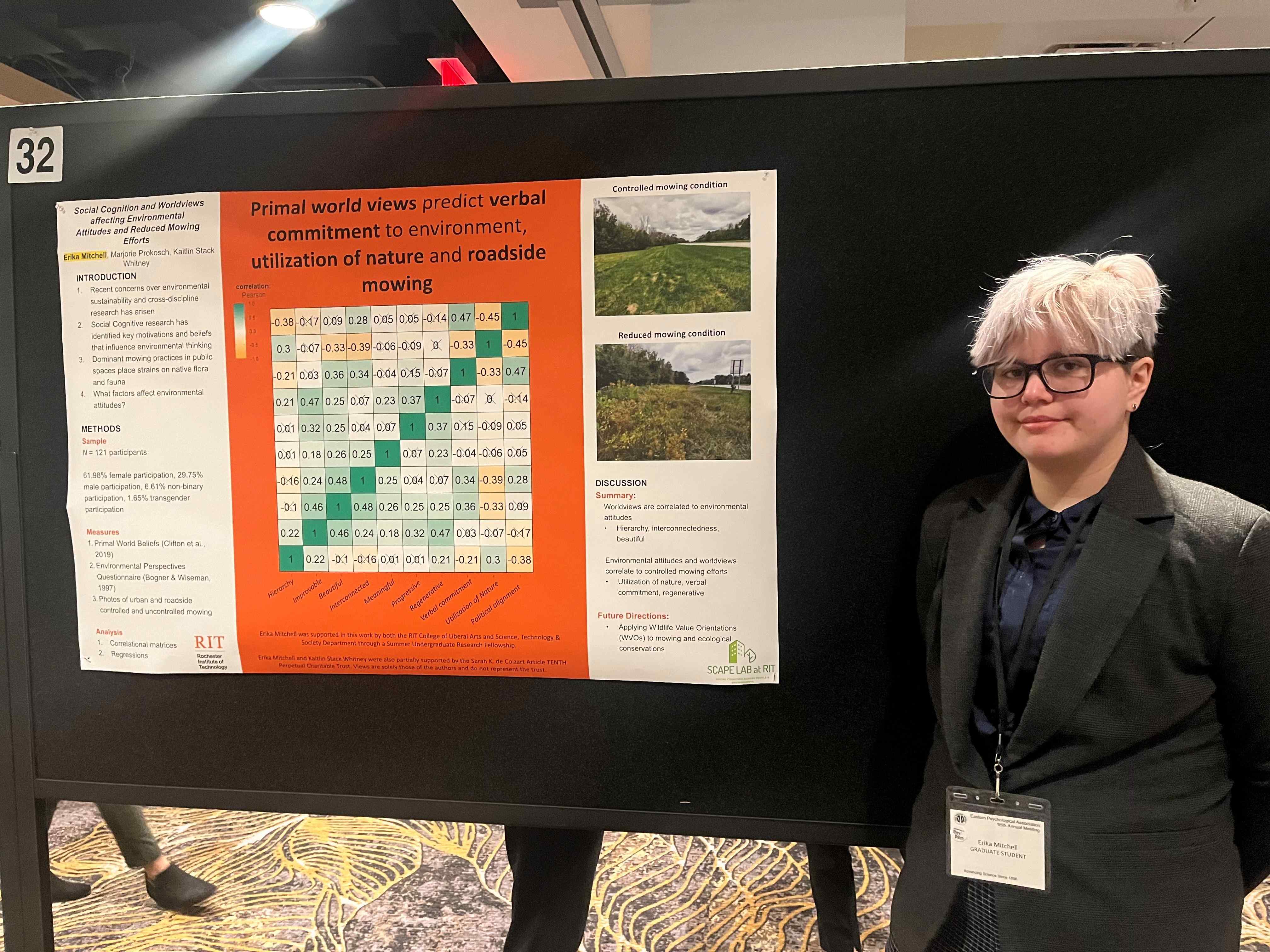 a nonbinary person with blonde hair in a dark suit standing next to a research poster at a conference