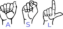 3 ASL hand shapes spelling out A - S - L as shorthand for American Sign Language