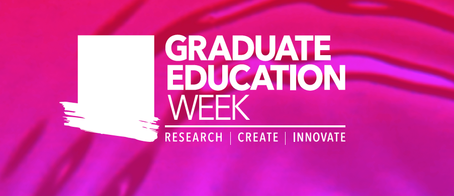 logo of RIT graduate education week banner, white font on pink background