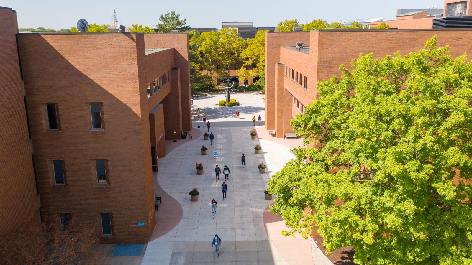 Drone image of RIT Quarter Mile between Wallace Library and College of Liberal Arts