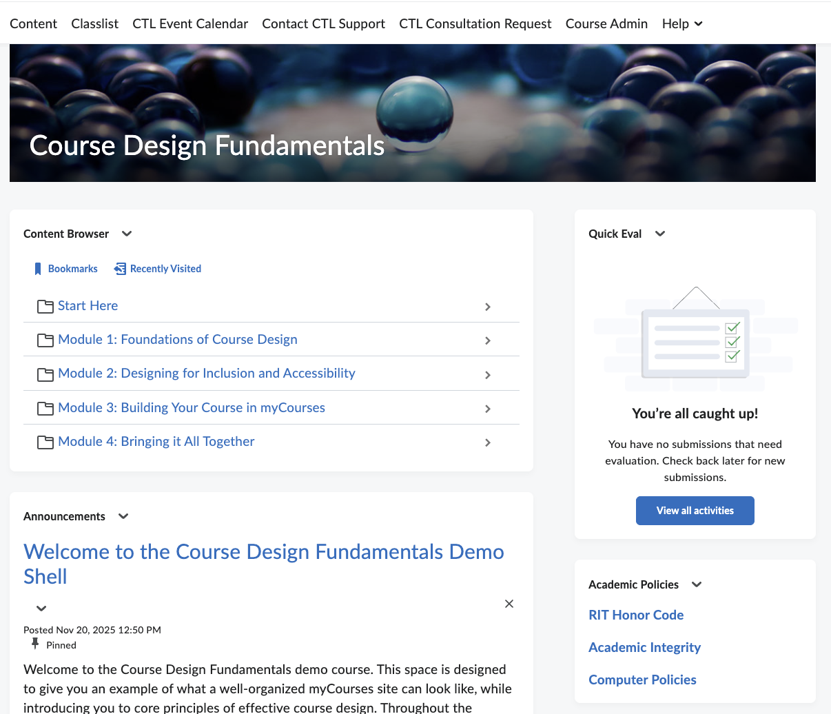 Course Design Fundamentals course shell screenshot