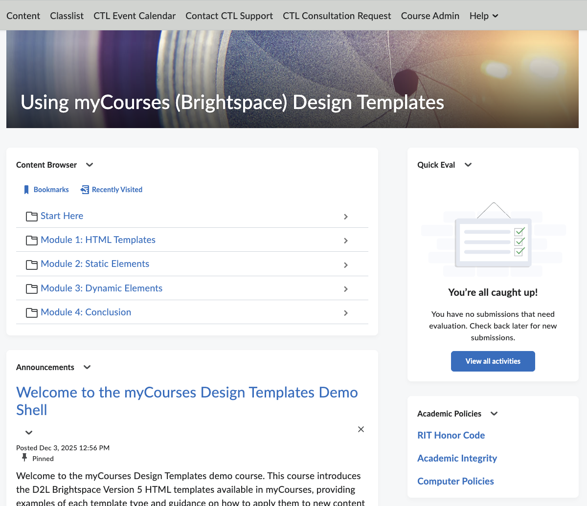 Using myCourses Design Templates course screenshot