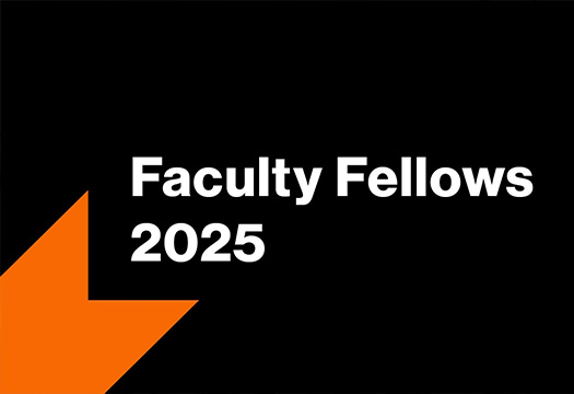 black box with white letters stating Faculty Fellows 2025 and an decorative orange line in bottom left corner