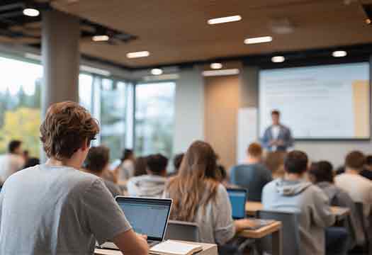 Student classroom scene with diverse learners attentively engaging in lecture, using laptops, with instructor presenting information on screen in modern educational environment