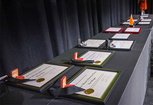 A row of certificates and awards displayed on a black-draped table with flowers in the foreground.