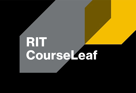 black box with white letters stating RIT CourseLeaf and two decorative lines, one yellow and the other gray, in top right corner
