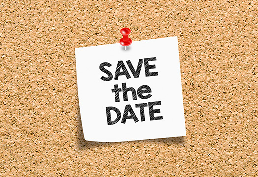 Save the date. Save the date written on sticky note pinned on cork notice board.
