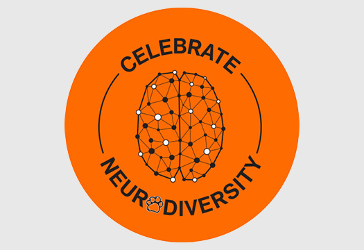 orange circle with a graphic brain composed of connected lines and dots, and black text surrounding stating Celebrate Neurodiversity