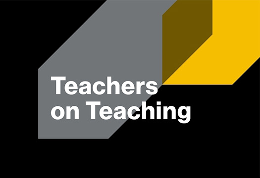 black box with white letters stating Teachers on Teaching and two decorative lines, one yellow and the other gray, in top right corner
