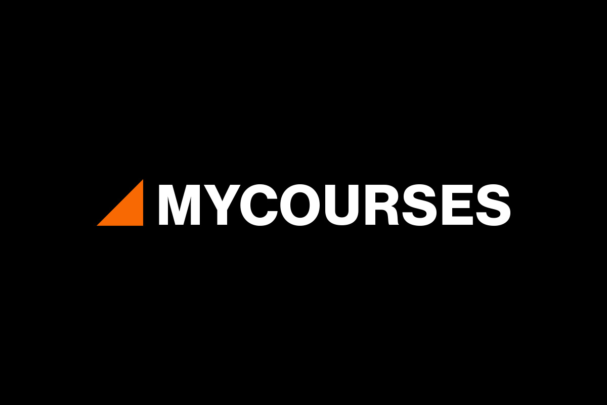 black box with a small decorative orange triangle inline with white letters stating mycourses