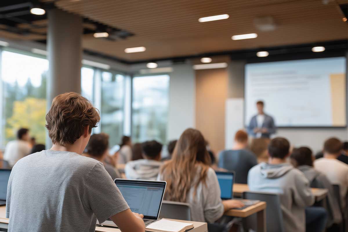 Student classroom scene with diverse learners attentively engaging in lecture, using laptops, with instructor presenting information on screen in modern educational environment 