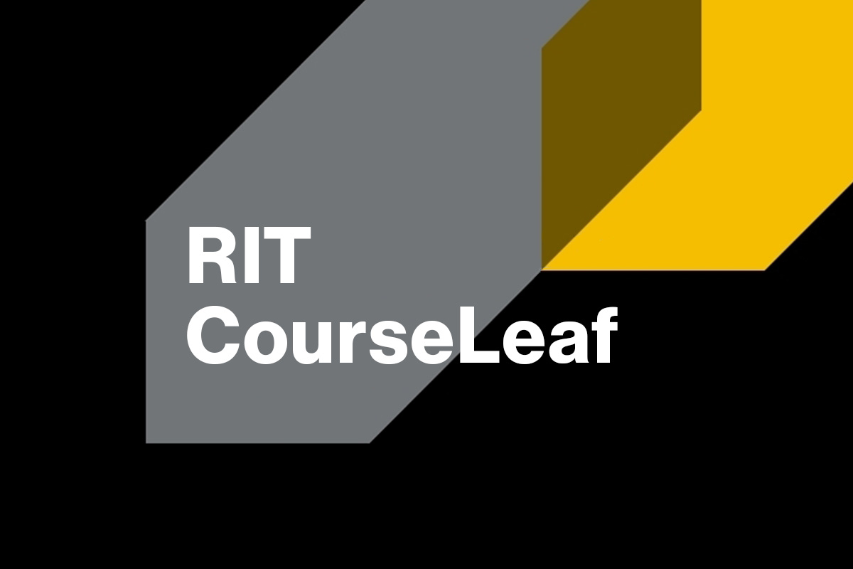 black box with white letters stating RIT CourseLeaf and two decorative lines, one yellow and the other gray, in top right corner
