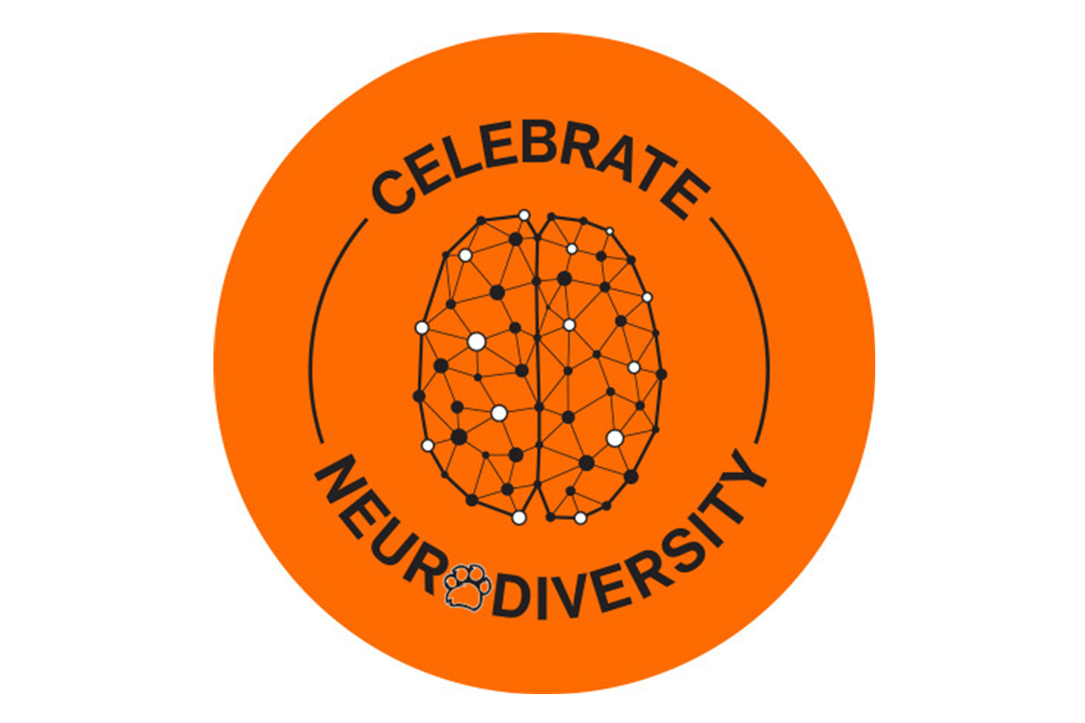 Orange circle with the text Celebrate Neurodiversity around a graphical image of a brain in the center